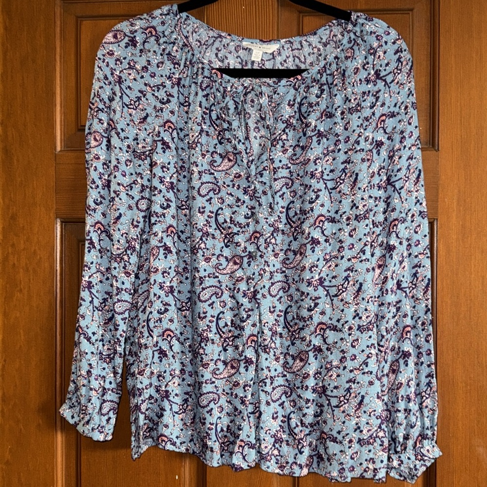 Lucky Brand Long Sleeve Blue Blouse w/ Floral & Paisley Print Size S/Petite